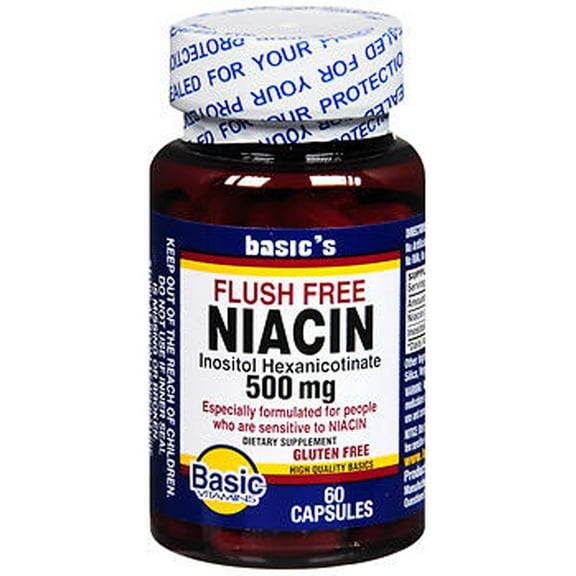 Basic Vitamins Niacin Flush Free Capsules, 500 mg, 60 Count