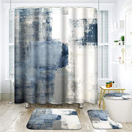 Artsocket 4 Pcs Shower Curtain Set Blue, Abstract Painting Shower Curtain