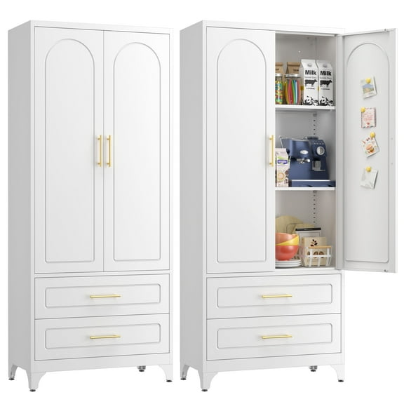 Polup 75"H Kitchen Pantry Cabinet, Metal Pantry Cabinet with 2 Drawers, Food Cupboards, Storage Cabinets with Shelves
