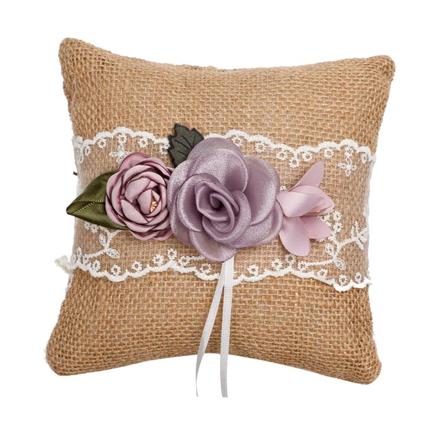 Almohada de boda con cintas, anillos, almohadas para portador, yute de flor de encaje de arpillera para suministros festivos, aniversario de violetas Sunnimix cojín de anillos