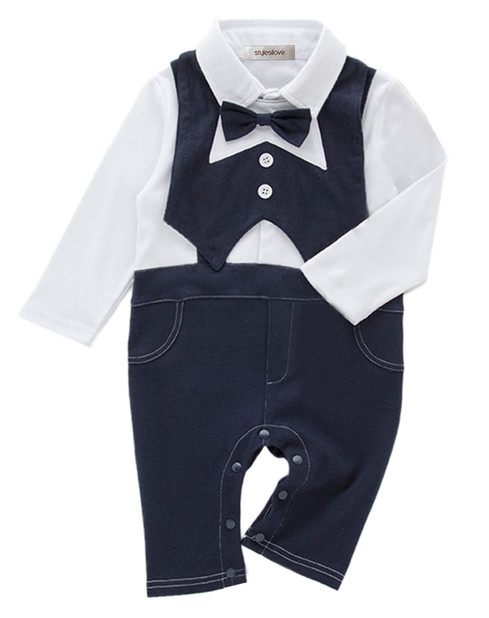 StylesILove - StylesILove Baby Boy Tuxedo Faux Suspender Romper and Bib ...