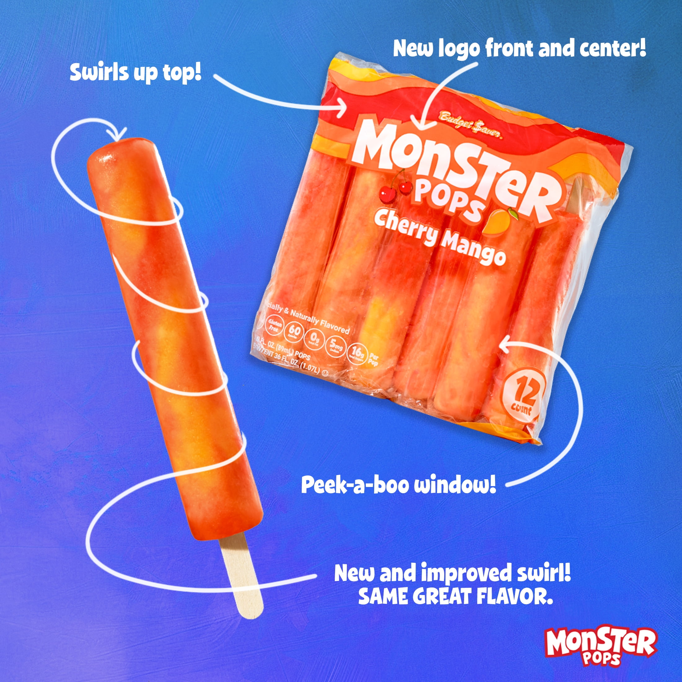 Budget Saver Monster Pops, Cherry Mango, 12 Count, Frozen Popsicles with Natural Colors