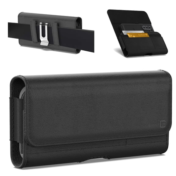 CoverON Holster for Samsung Galaxy Z Fold7 Fold6 Fold5 Fold4 Fold 7 6 5 4 3/ Google Pixel 10 9 Pro Fold Phone Case Belt Clip ID Card Holder Carrying Black Leather Pouch (Fits Otterbox or any Case on)