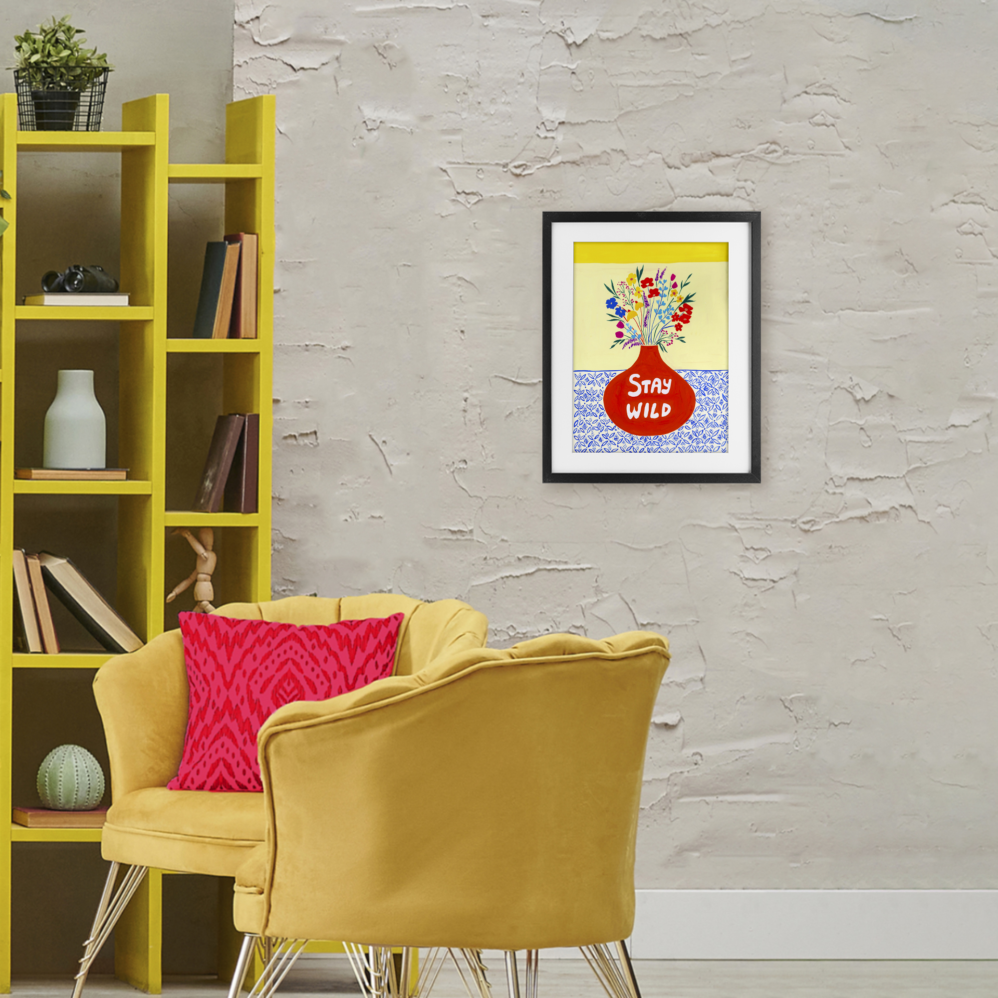 Stay Wild Midcentury Flowers Black Framed Print Under Glass, design by Nabeela Rumi