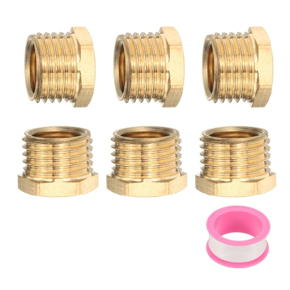 6 Pcs Brass Reducer Hex Bushing G1/4" Male x G1/8" Female Threaded Reducing Pipe Adapter Fitting with PTFE Tape