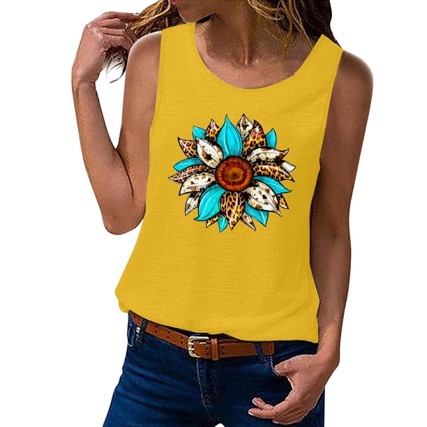 Playeras,Blusas y Tops,Ropa para Mujer Tallas grandes Camiseta sin mangas de verano para mujer, camiseta sin mangas con gráfico de flores , camiseta informal para vacaciones (Yellow, S)