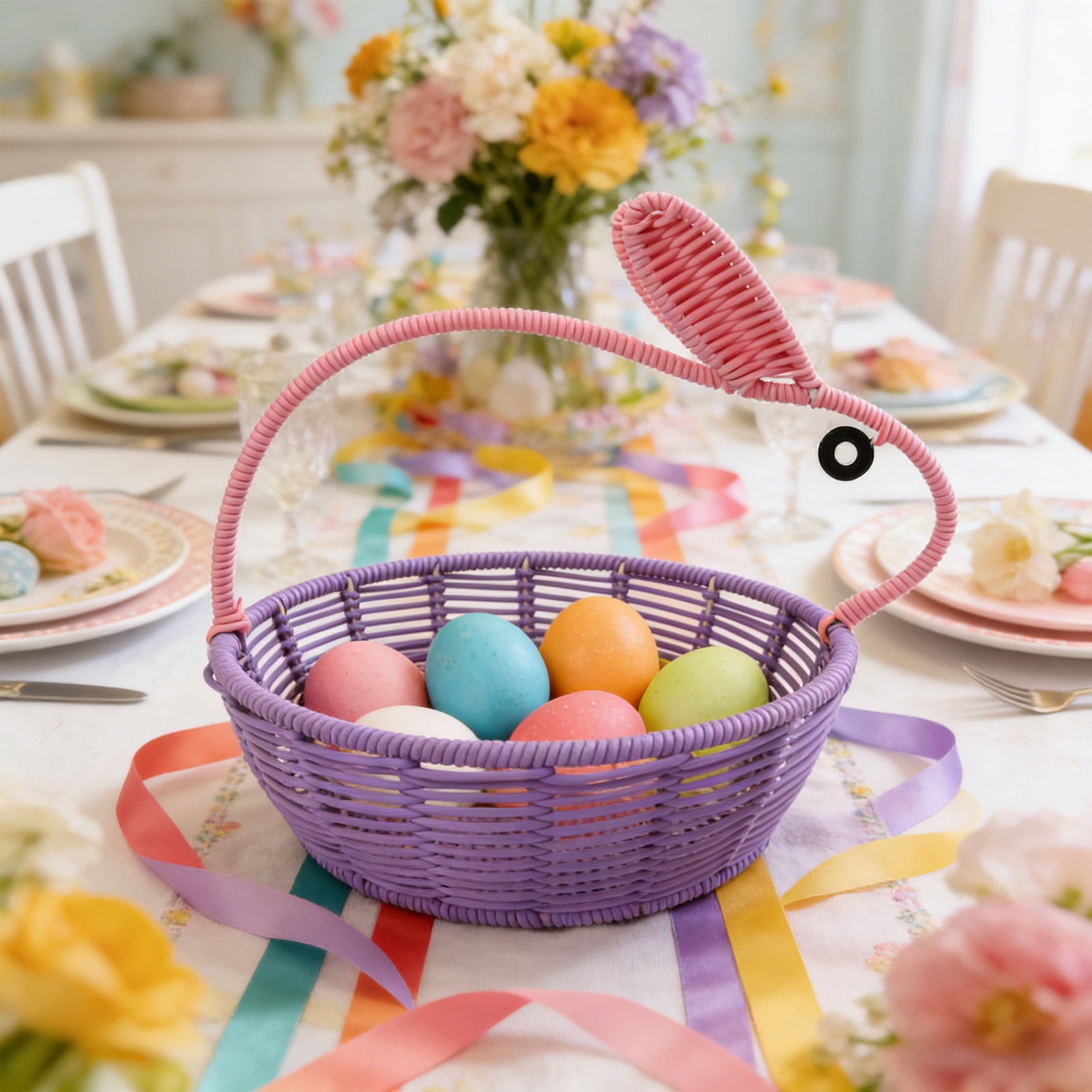 Easter Woven Basket & Woven Rabbit - Woven Baskets for Storage, Handheld Plastic Storage Basket with Chicken & Egg Decor, Spring Gift Basket, Flower Holder, Home Decorative Organizer