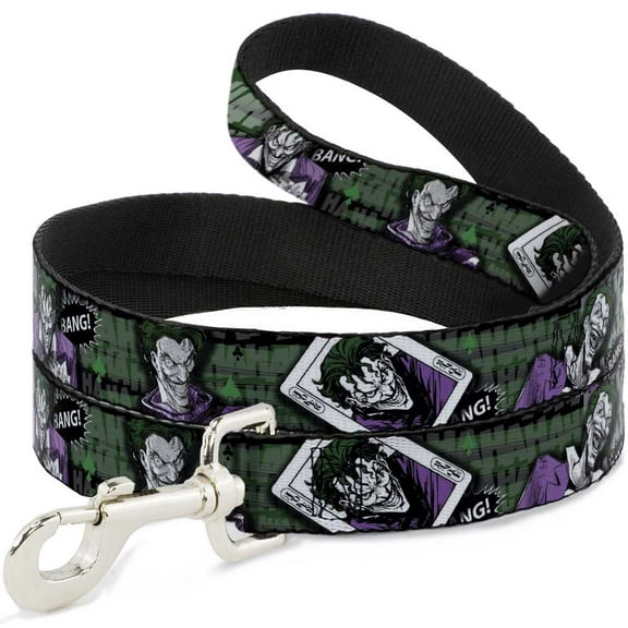 DC Comics Pet Leash, Dog Leash, Joker Poses Joker Card Haha Smile Bang Gray Green Purple, 4 Feet Long 0.5 Inch Wide