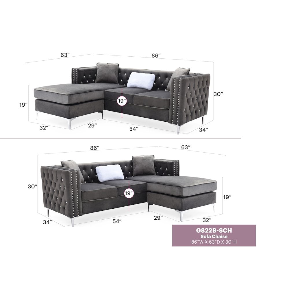 Glory Furniture Paige Sofa Chaise in Gray Color