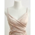 thumbnail image 5 of Champagne Satin Bodycon Dress With Pearl-Embellished Spaghetti Straps, Crossover Neckline, Ruched Waist And Side Slit, 5 of 6