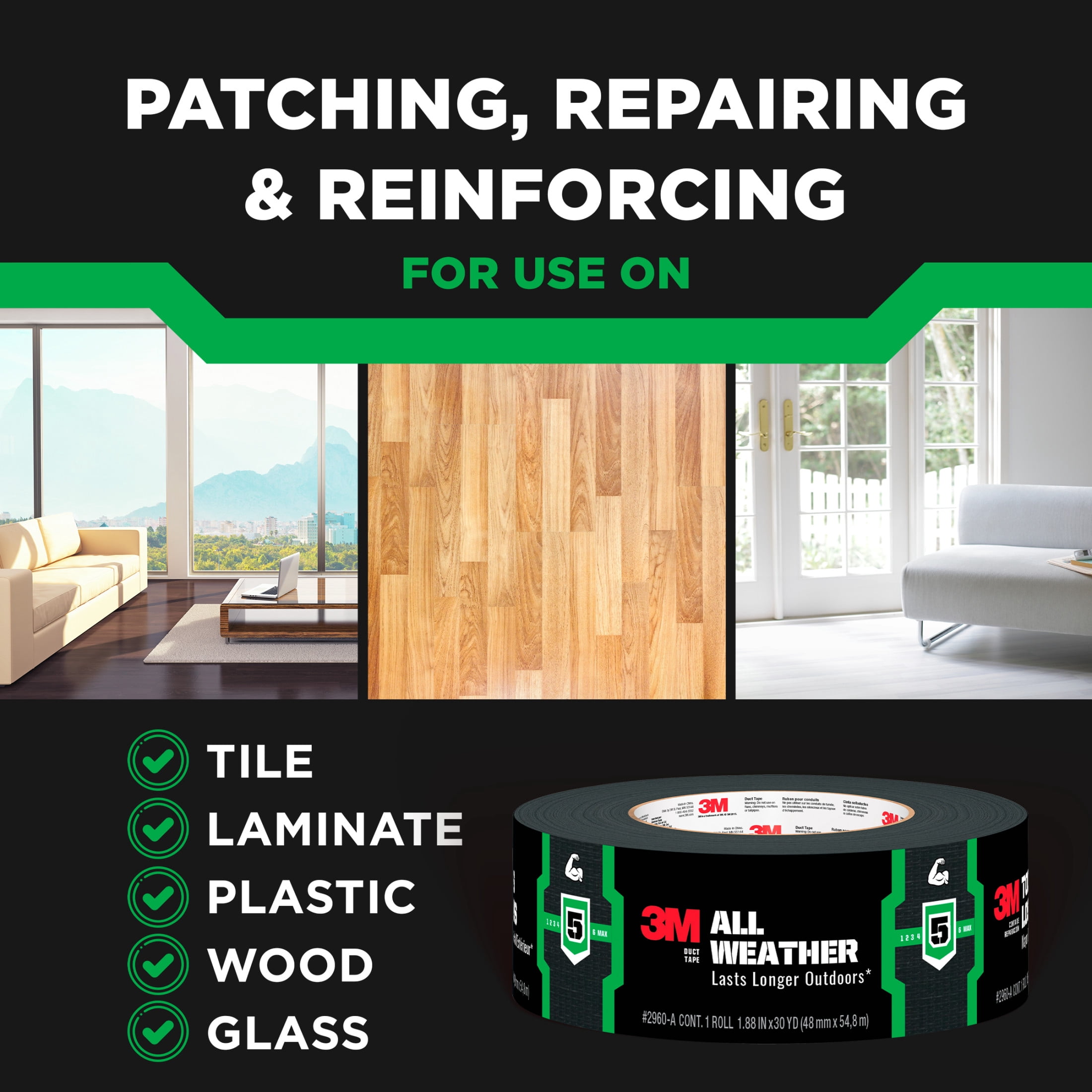 3M All Weather Duct Tape, Black, Lasts Longer Outdoors, 1.88 in. x 25 yd., 1 Roll