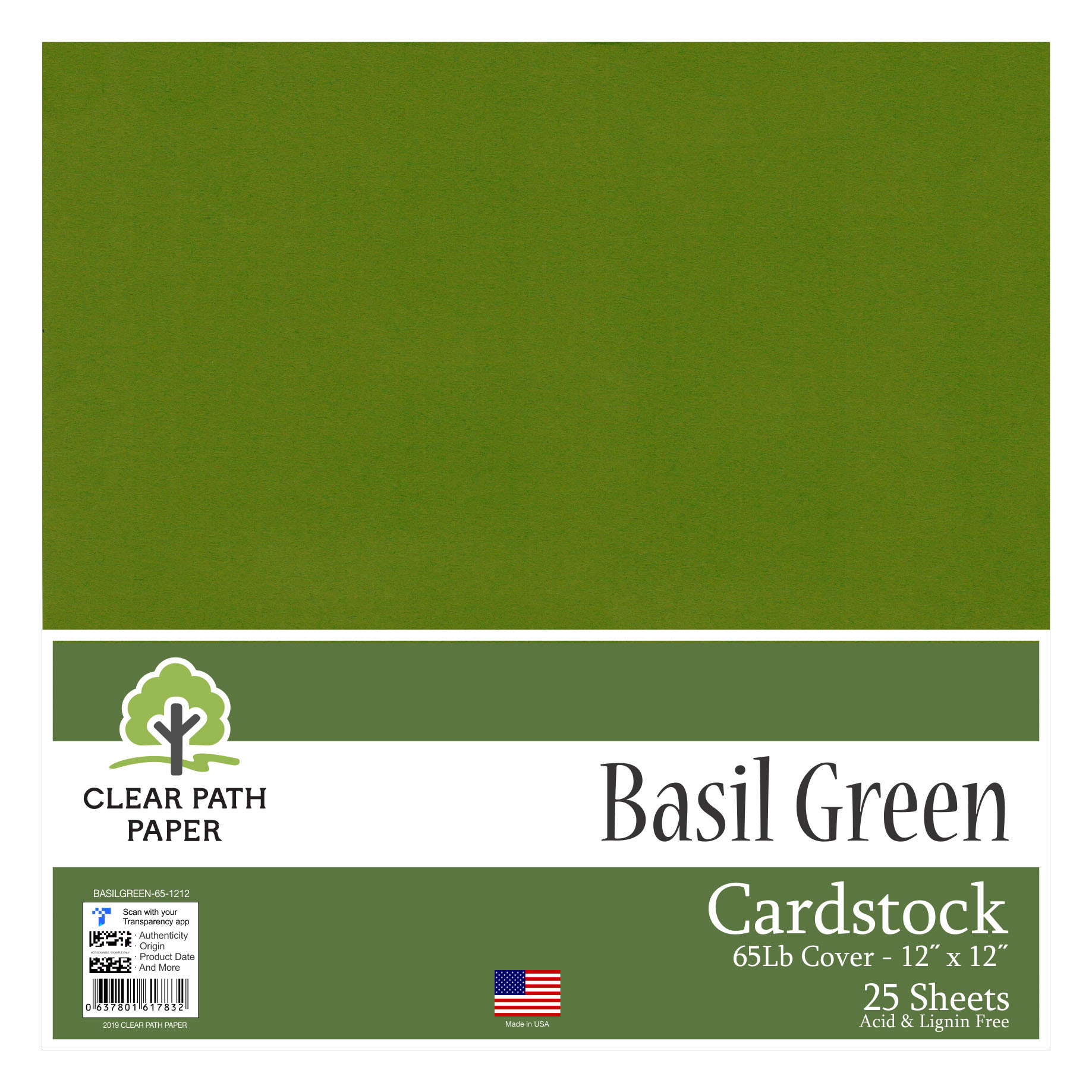 Basil Green Cardstock 12 x 12 inch 65Lb Cover 25 Sheets Clear