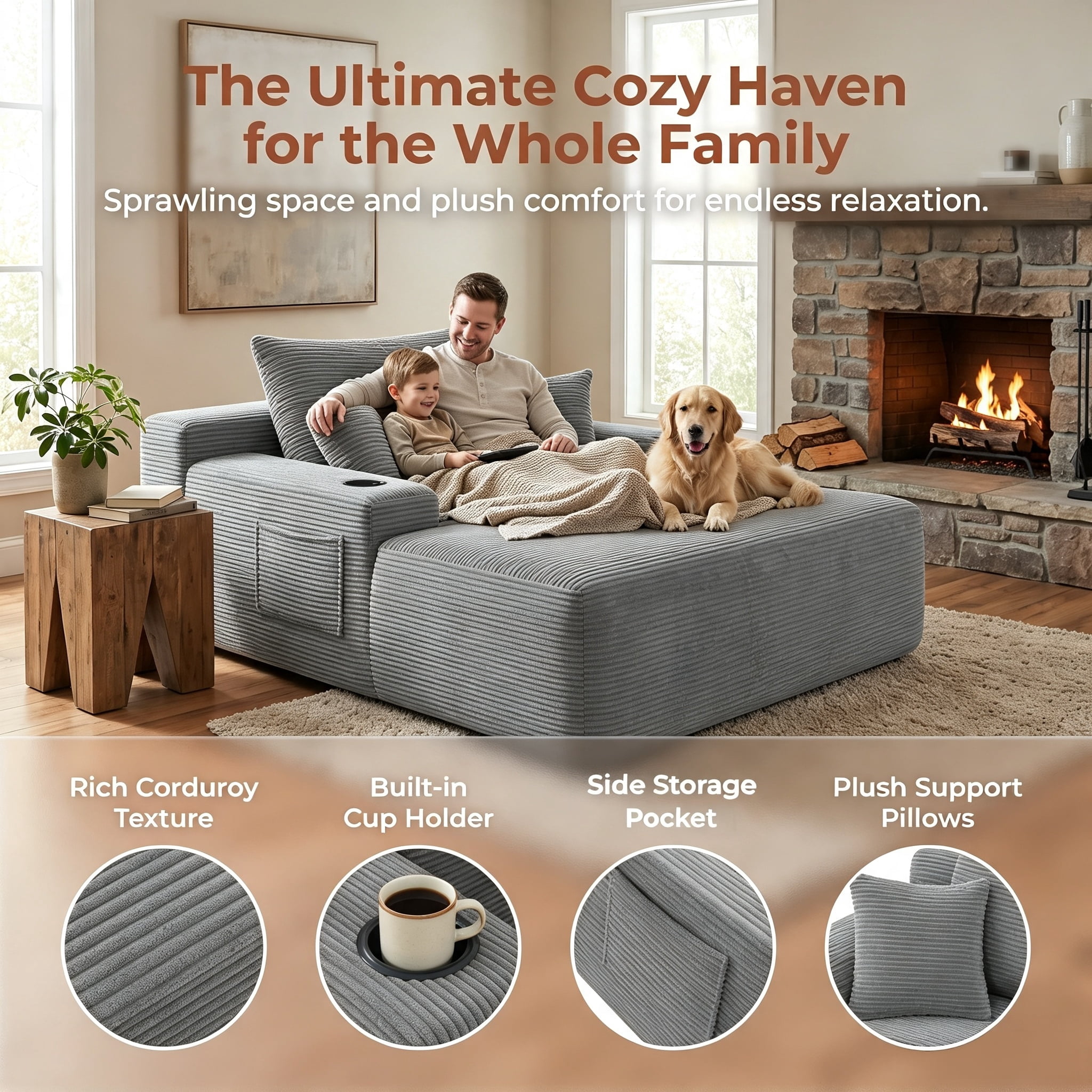 ShiKeyi 65'' Chaise Lounge Chair Indoor, Boneless Sofa Cloud, Plush Corduroy Chaise Couch with Cup Holders, Side Storage Pocket & Pillows, No Assembly Required, Gray