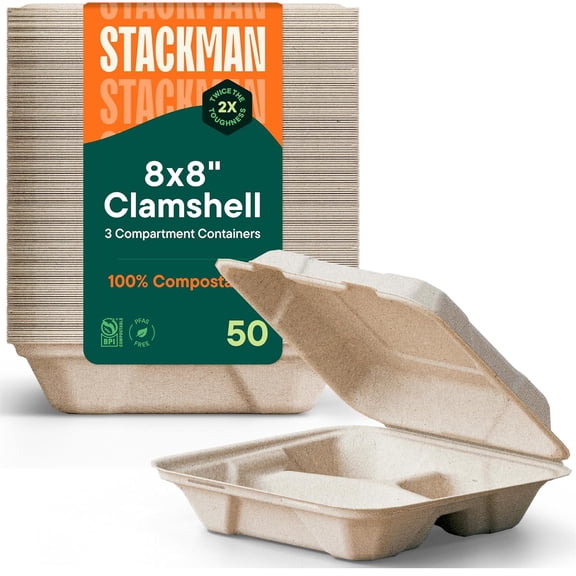 Stack Man 100% Compostable Clamshell Take Out Food Containers [8X8" 3-Compartment 50-Pack] Heavy-Duty Quality to go Containers, Natural Disposable Bagasse, Eco-Friendly Biodegradable