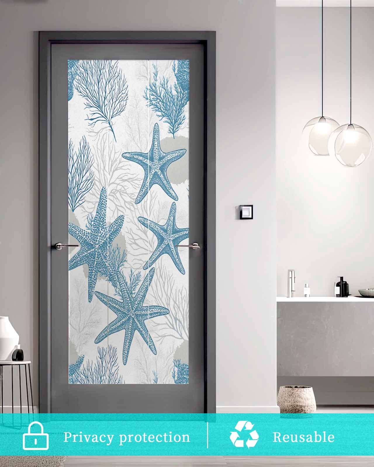 Window Privacy Film Blue Starfish Coastal Stained Glass Window Film Decorative Sun Block Window Cover Nautical Summer Beach Coral Ocean Window Clings Static Adhesive Sticker for Bathroom 23.6"x59"