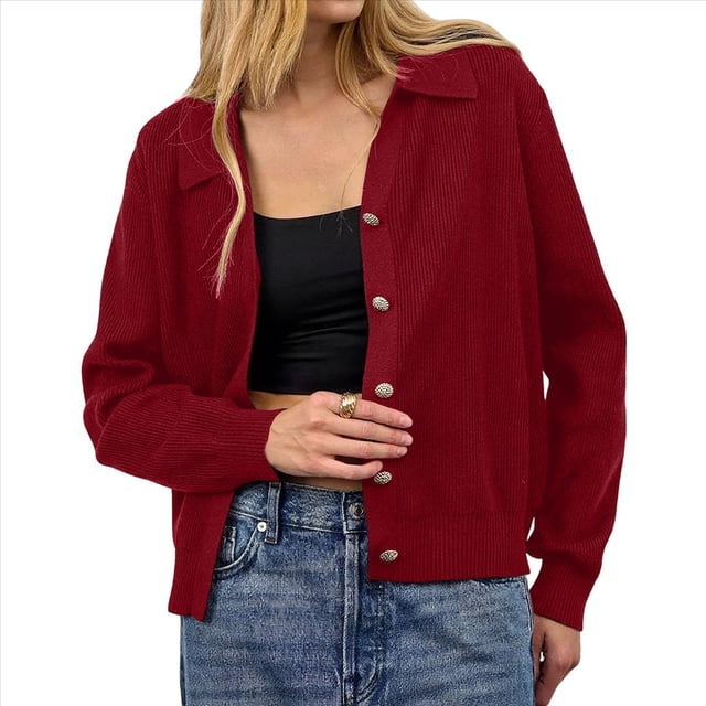Suéter de Cuello de Solapa para Mujer, Chaqueta de Punto con Botones y Abertura Frontal, Cárdigan de Larga con Botones Vino Tinto S