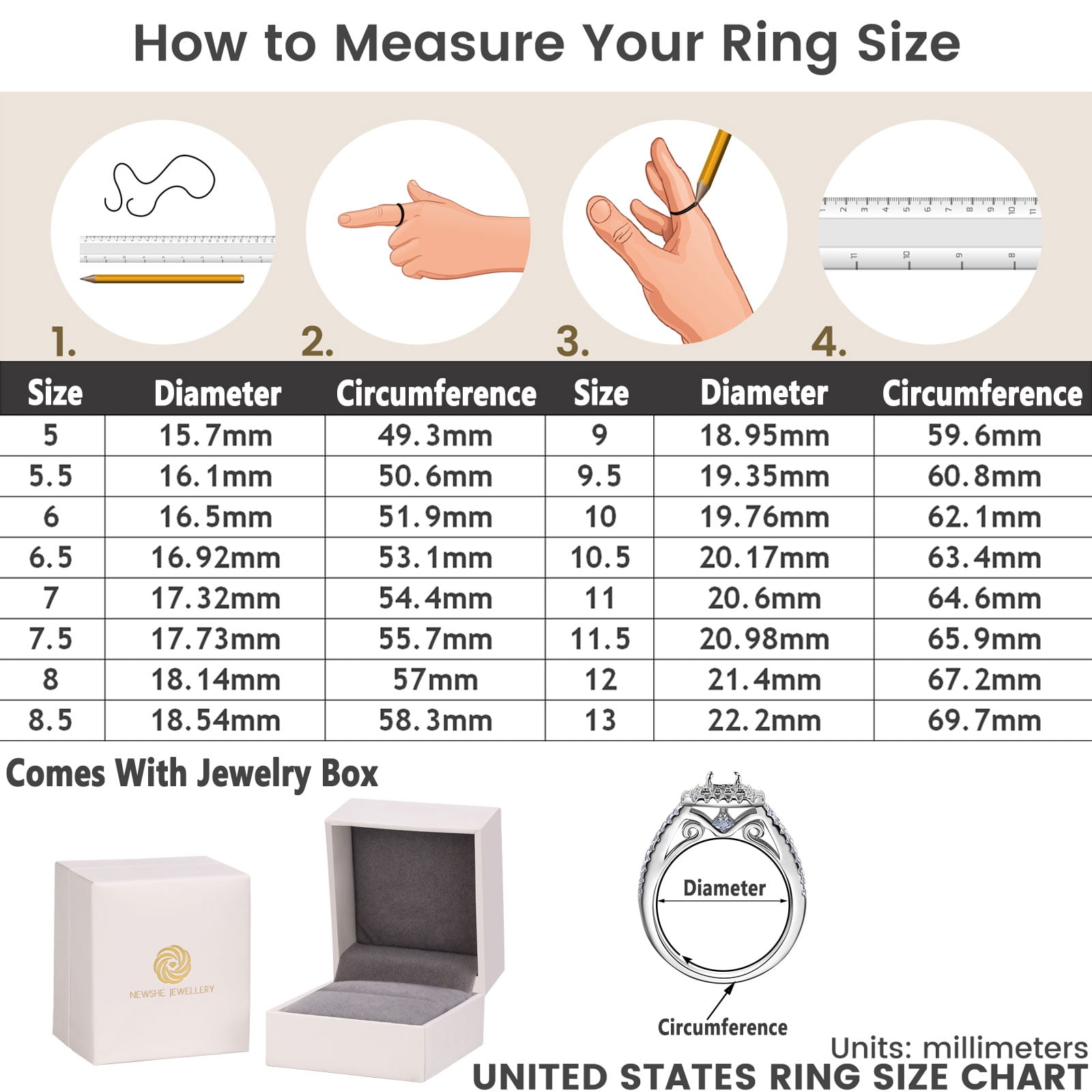 Newshe Jewellery Wedding Band for Women 925 Sterling Silver Eternity Ring Round White 1.13ct AAAAA Cz Size 7