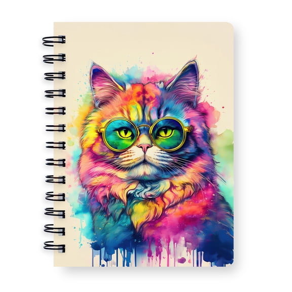 Hippie Persian Portrait oil painting Watercolor Tie-dye Vintage Spiral Bound Journal Cat Lover Kitten Owner Gifts 5x7in Spiral Notebook - 00015