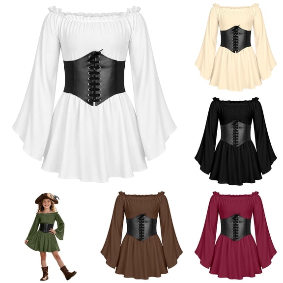 Girls Pirate Costume Dress Off Shoulder Sleeve Medieval Outfit Halloween Dresses for Girls Ages 4-14