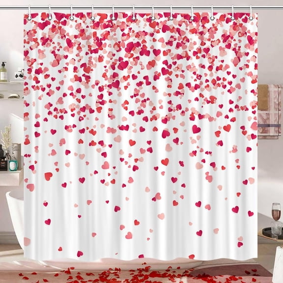 Valentine Shower Curtain, Romantic Falling Red Hearts Valentines Day Shower Curtain Valentines Bathroom Decor, Fabric Shower Curtain Hooks Included, 70X70inches