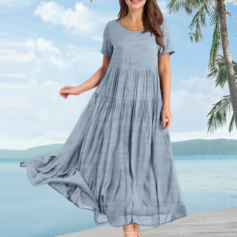 WTOBBY Women's Summer Dress Casual Loose Long Beach Vacation Dresses Short  Sleeve Solid Color, Easy and Breezy for Daily Wear,Light Blue L