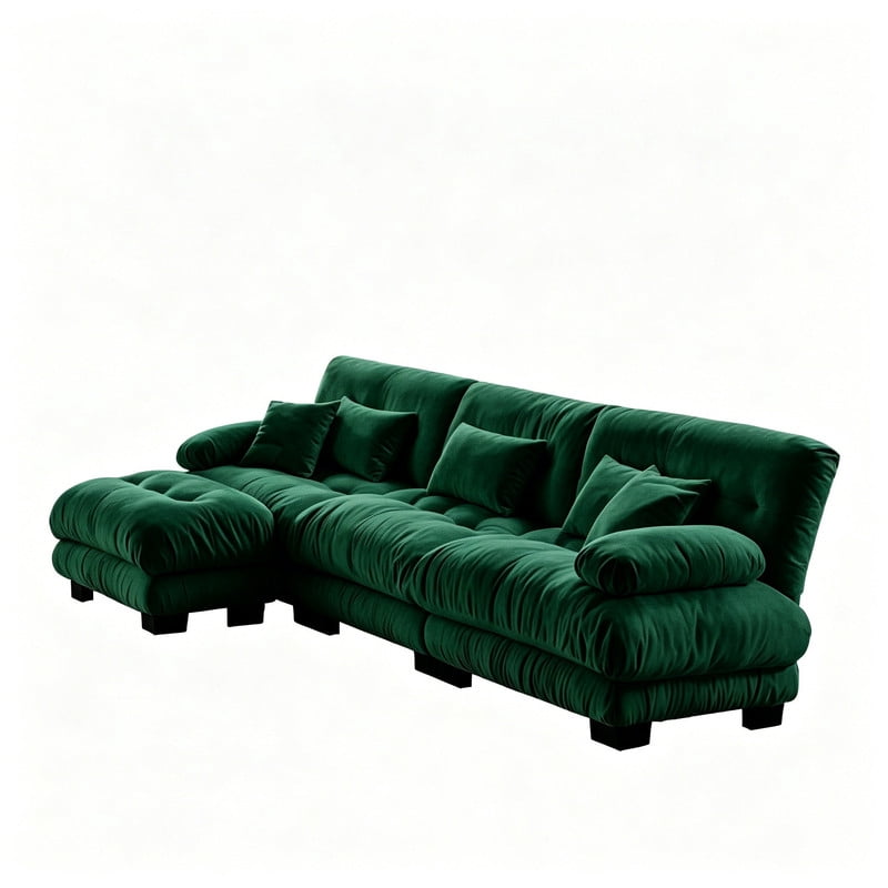 ANPPORT Cloud Couch Sleeper Sofa, Chenille Green 3-Seater Modular Sofa with 1 Ottomans, 3 Lumbar pillows, 2 Pillows, Comfy Deep Seat Cloud Sofa, Convertible L-Shaped Floor Couch for Living Room