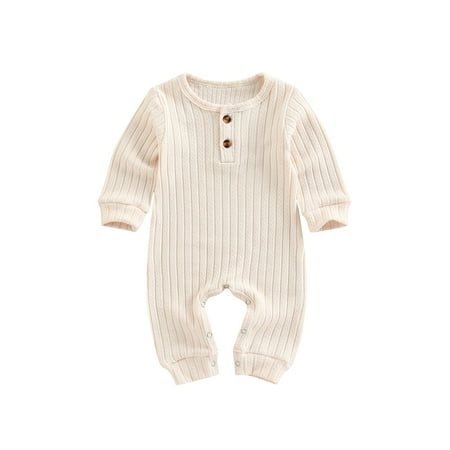 

Qtinghua Newborn Baby Girl Boy Romper Solid Color Knit Casual Button Long Sleeve Jumpsuit Fall Clothes Apricot 0-3 Months