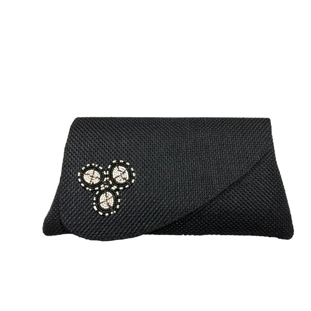 Sac Pochette pour Femmes en Tissu Maasai Perlé et Jute Noir Moyen