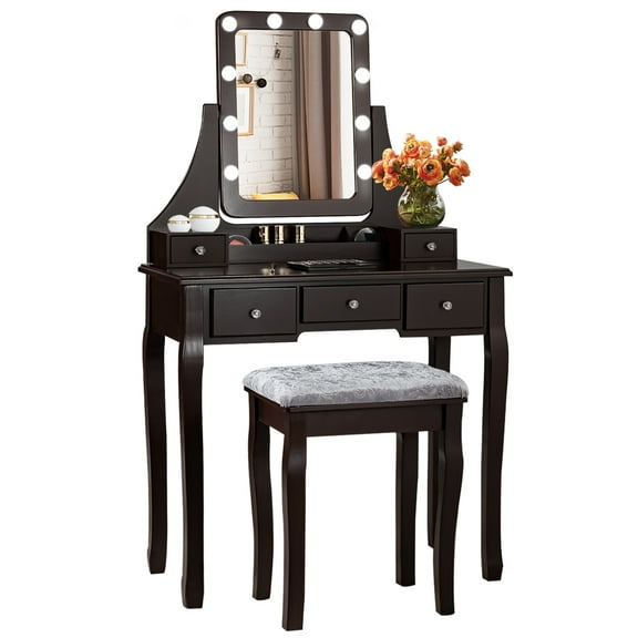 Topbuy Detachable Vanity Table Set Makeup Table with Mirror &Cushioned Stool Brown