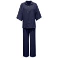 thumbnail image 5 of 2 Piece Outfit for Women Stand Collar Half Zip 3/4 Batwing Sleeve Blouse Matching Wide Leg Pants Solid Linen Look Casual Travel Suit for Spring Summer Vacation Daily Wear, 5 of 5