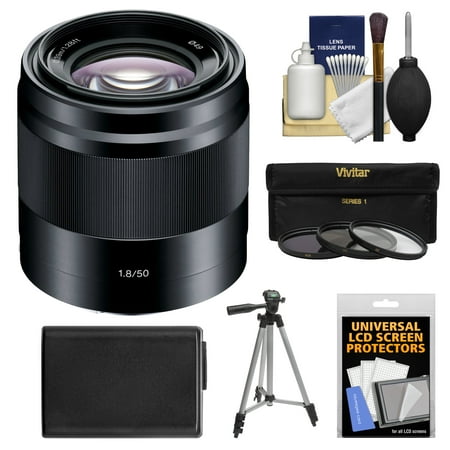 Sony Alpha NEX E-Mount 50mm f/1.8 OSS Lens (Black) with NP-FW50 Battery + Tripod + 3 Filters Kit for A7, A7R, A7S Mark II, A5100, A6000, A6300