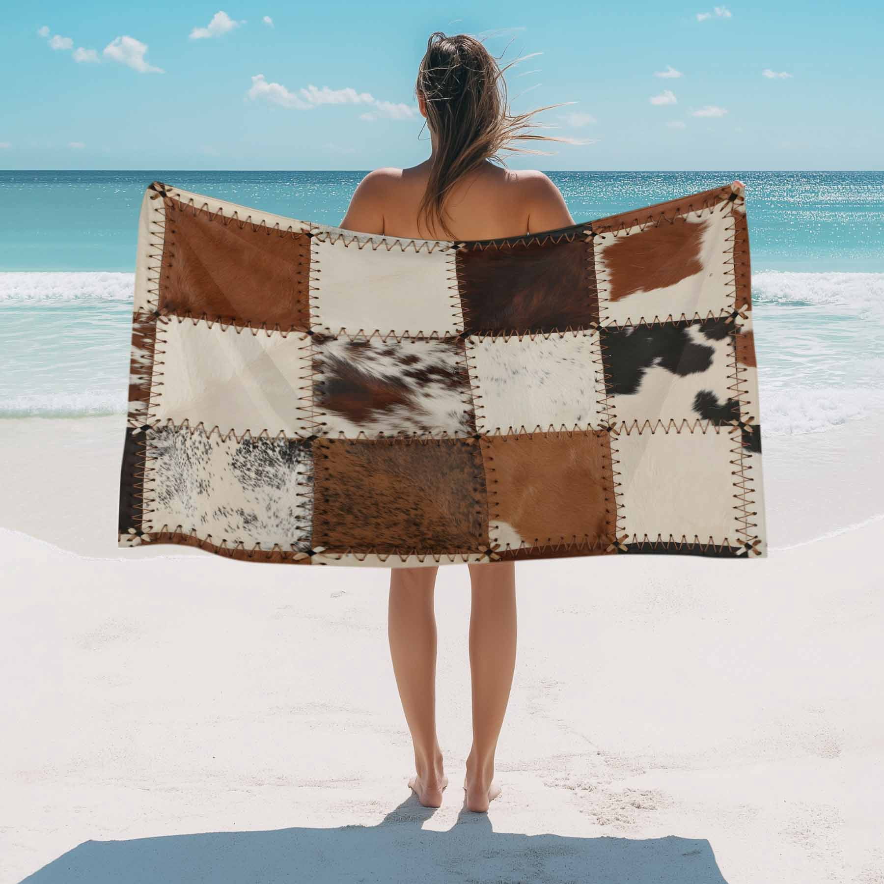 Beach Towel Cowhide Bath Pool Towels Cow Fur Print Animal Skin Brown Absorbent Beach Towel Soft Large Quick Dry Lightweight Camping Travel Sports Yoga Gym Swim Towels for Adult 35x70 Inch