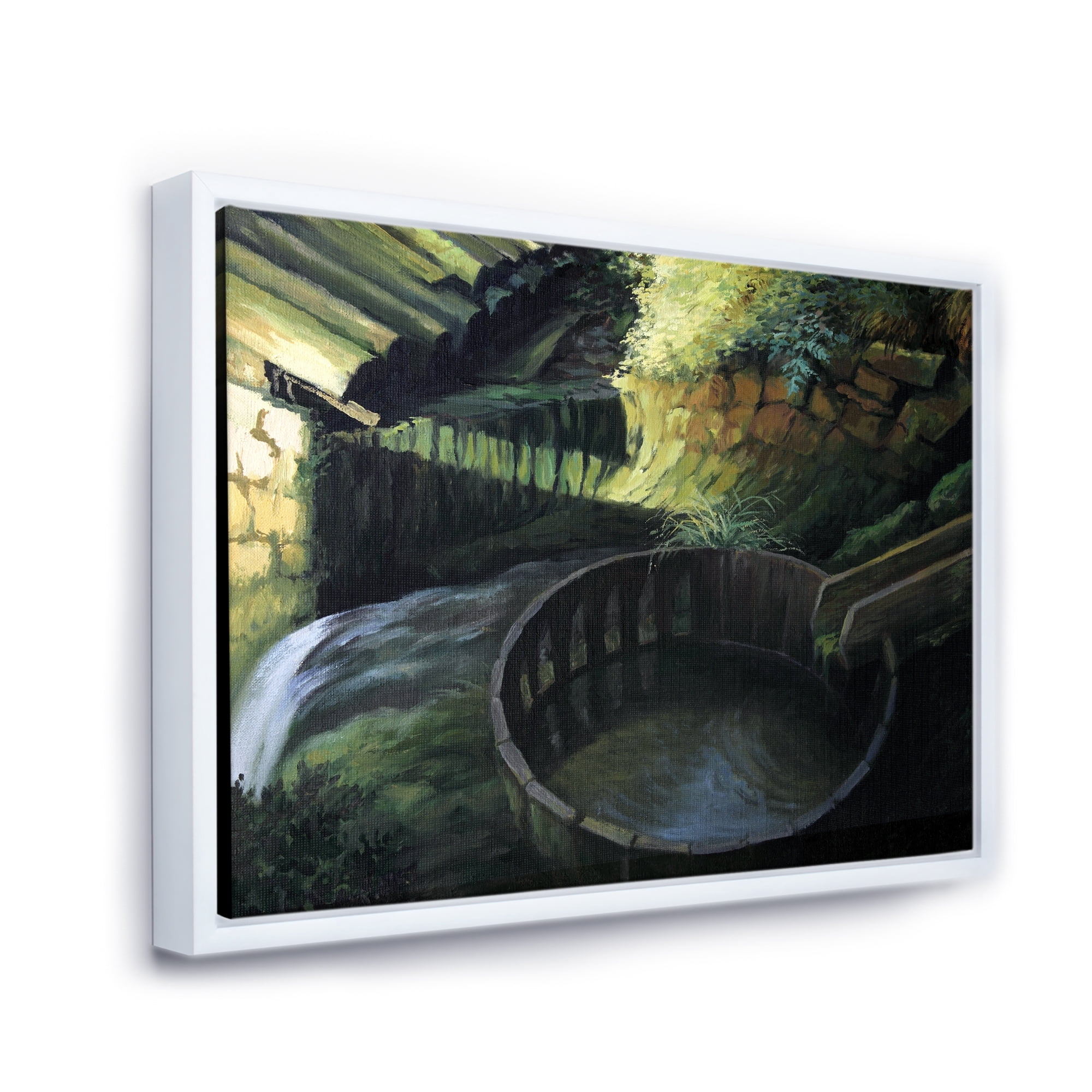 Designart 'Old Watermill In Green Nature Landscape' Lake House Framed Canvas Wall Art Print