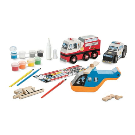 Melissa & Doug Decorate-Your-Own Wooden Rescue Vehicles Craft Kit - Police Car, Fire Truck, Helicopter