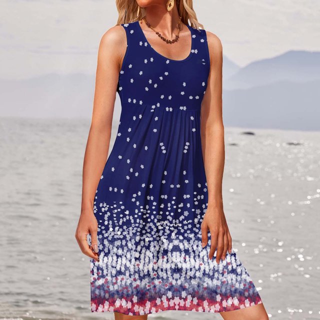 SMihono Robe Maxi Bohème d'Été pour Femmes Grande Taille Mode pour Femmes à Col Rond Sans Manches Robe Chandail Imprimée Robe de Plage Évasée
