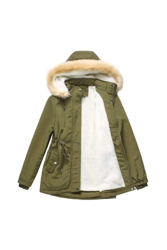 Women's Long Sleeve Casual Outwear Jackets Warm Long Coat Hoodies Collar Jacket Slim Winter Parkas Outwear Coats Solid Color Dressy Lounge Trendy Blazer Pullover Army Green S