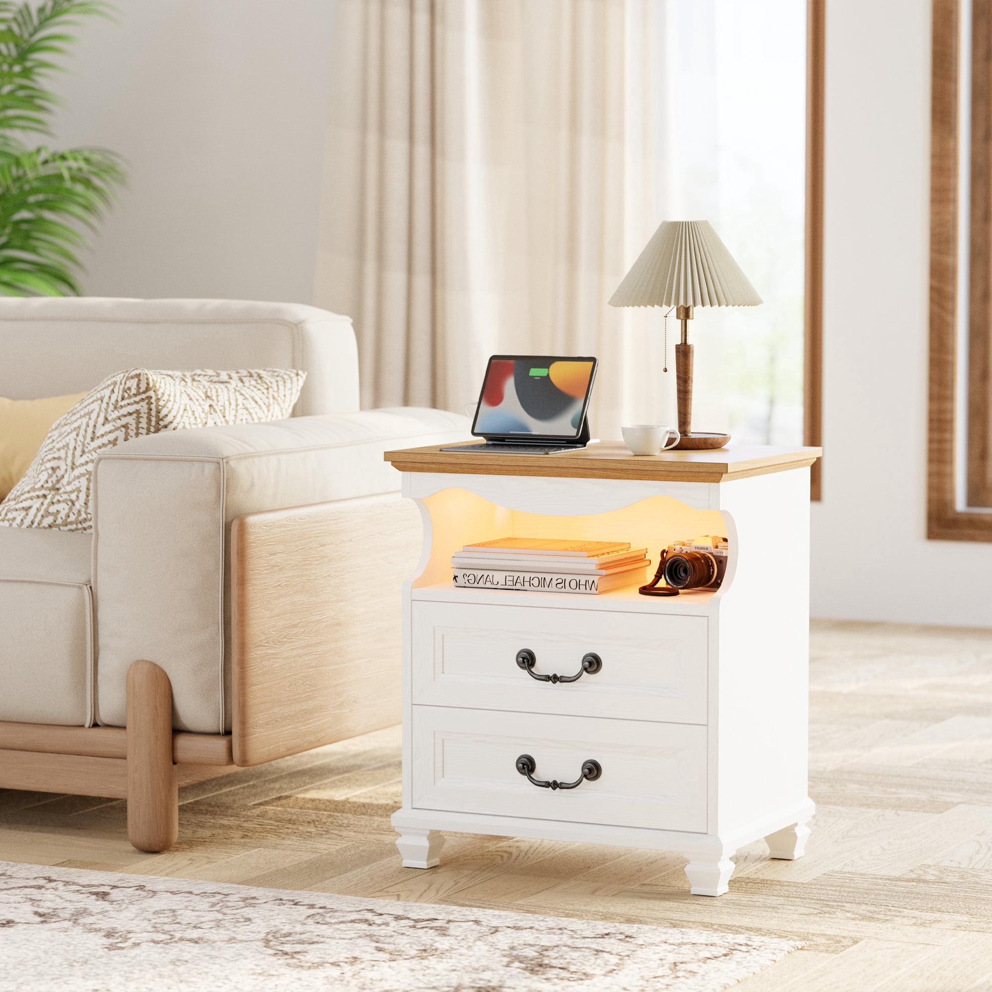 LIKIMIO Farmhouse 2 Drawers Nightstand with Charging Station, LED  Lights，Wood Modern Beside Tables for Bedroom and Living Room, White