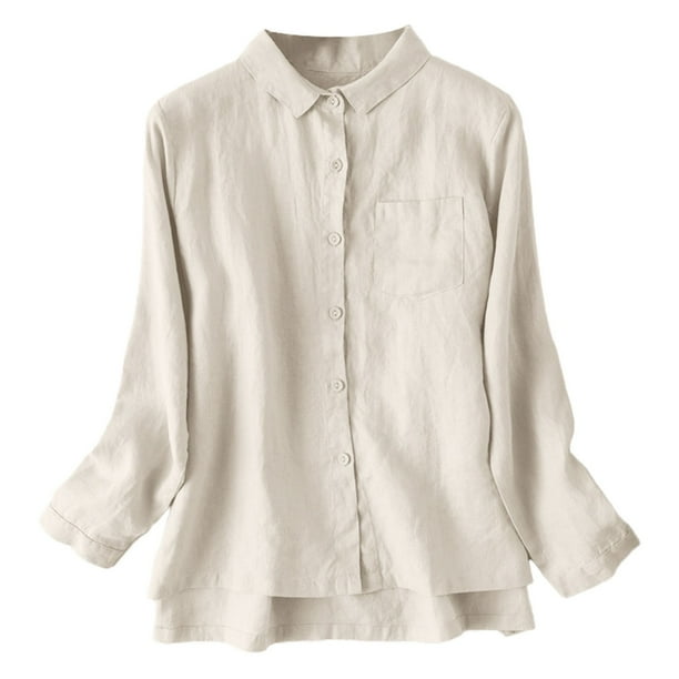 Camisa holgada de lino fino para mujer - Diseño vintage con solapa - Manga larga - Tallas M-XXL