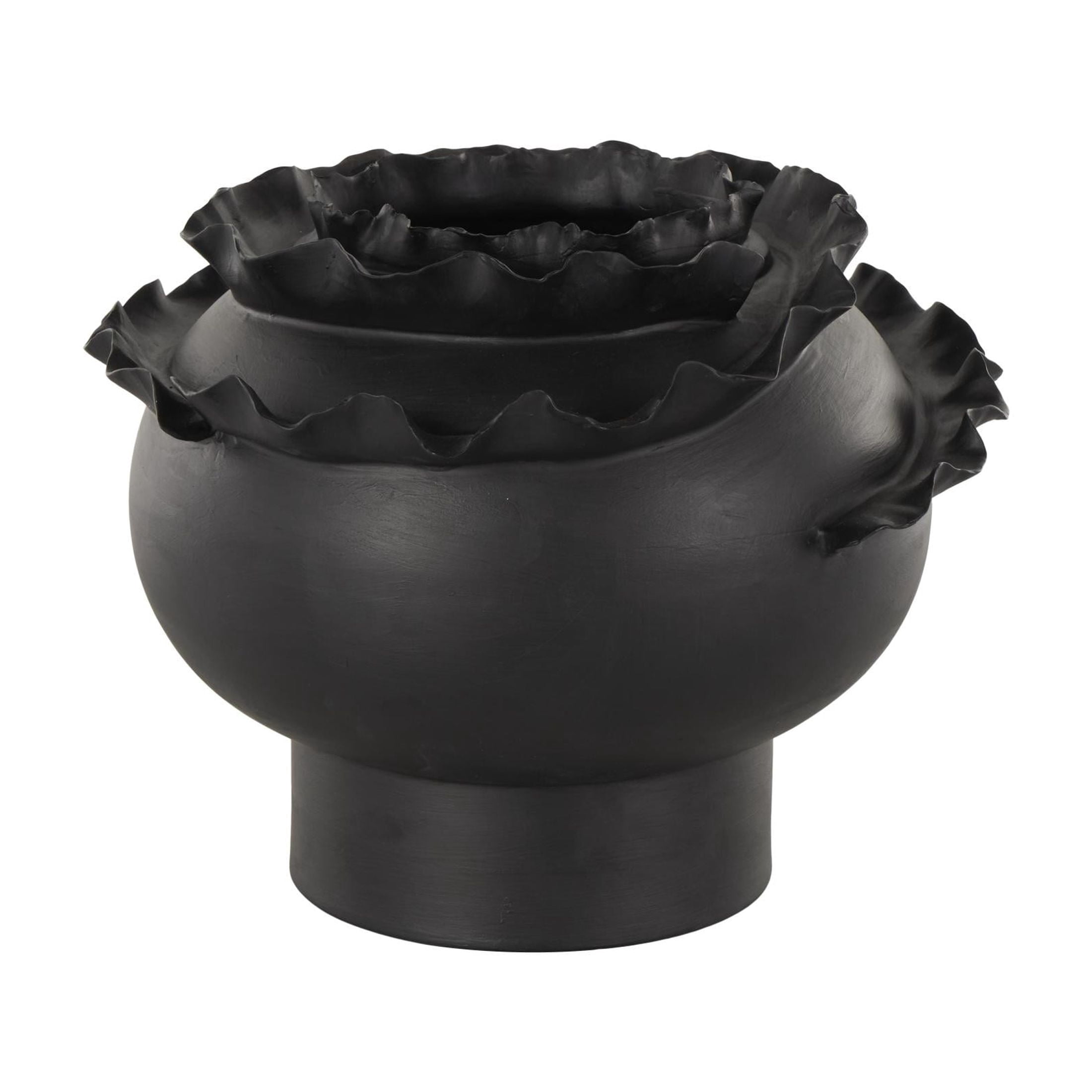 DecMode 9" Abstract Wide Rounded Floral Inspired Black Ceramic Vase with Layered Petals