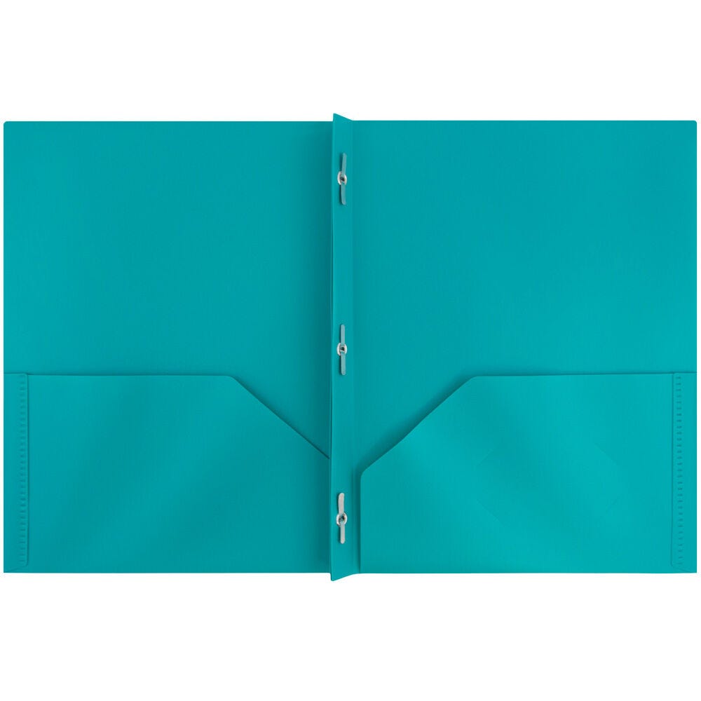 JAM Paper Plastic 2 Pocket POP Folders with Prongs Fastener Clasps, Teal Blue, Bulk 48/Pack