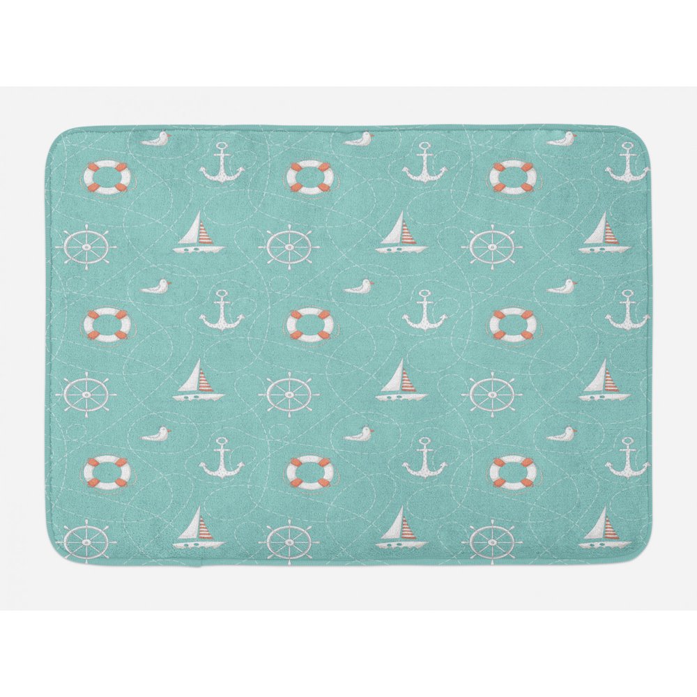 Anchor Bath Mat, Nautical Arrangement with Seagull Helm and Lifebuoy