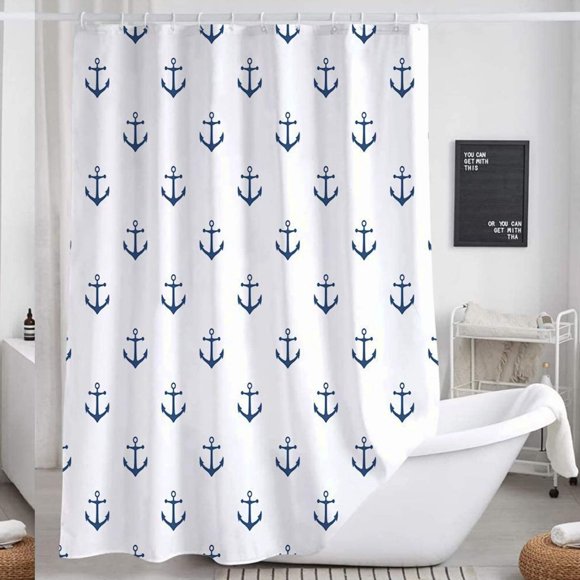 Oceanic Anchor Navy Shower Curtain Set - Nautical Bathroom Decor with Hooks, 72x75 Inch