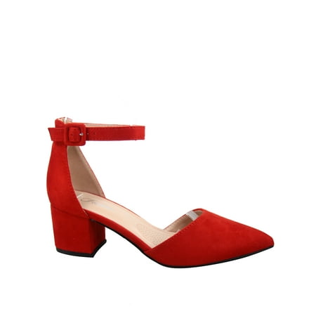 Nataly-01 Women s Pointed Toe Ankle Strap Buckle Chunky Low Heels Sandals Shoes ( Red  7.5 )