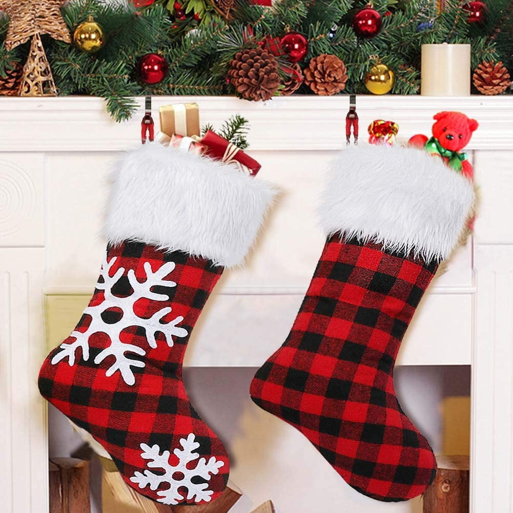 Snowflake Christmas Stocking Gifts Red & Black Buffalo Plaid Christmas Stocking 