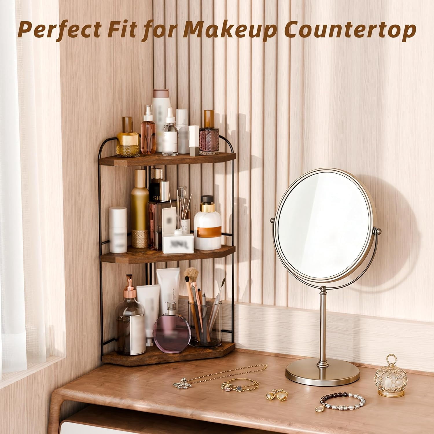 Corner Bathroom Counter Organizer, 3-Tier Wood Countertop Organizer for Perfume, Makeup Storage, Skincare Organizers for Vanity, Counter Corner Shelf for Kitchen, Bathroom, Dresser (Rustic Brown)
