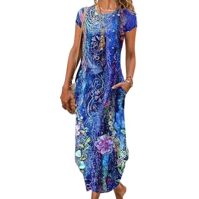 Daeful Robe Longue pour Femmes Col Rond Maxi Robes Fête Imprimé Floral Bohème Été Plage Robe Bleu Ciel S