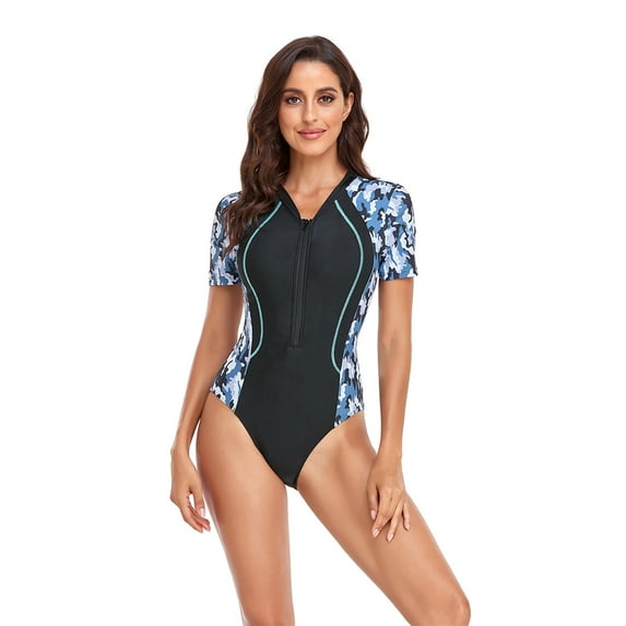 Melyum Sporty One Piece Rash Guard for Women Swimsuit Tummy Control Zip Swimwear Short Sleeve Surfing Bathing Suits