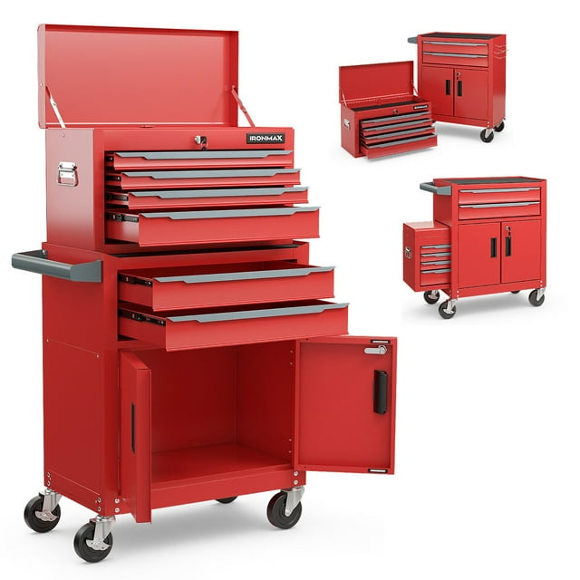 Gymax Armoire Roulante 2 en 1 Organisateur de Rangement Coffre Boîte Garage Boîte à Outils 6 Tiroirs Rouge