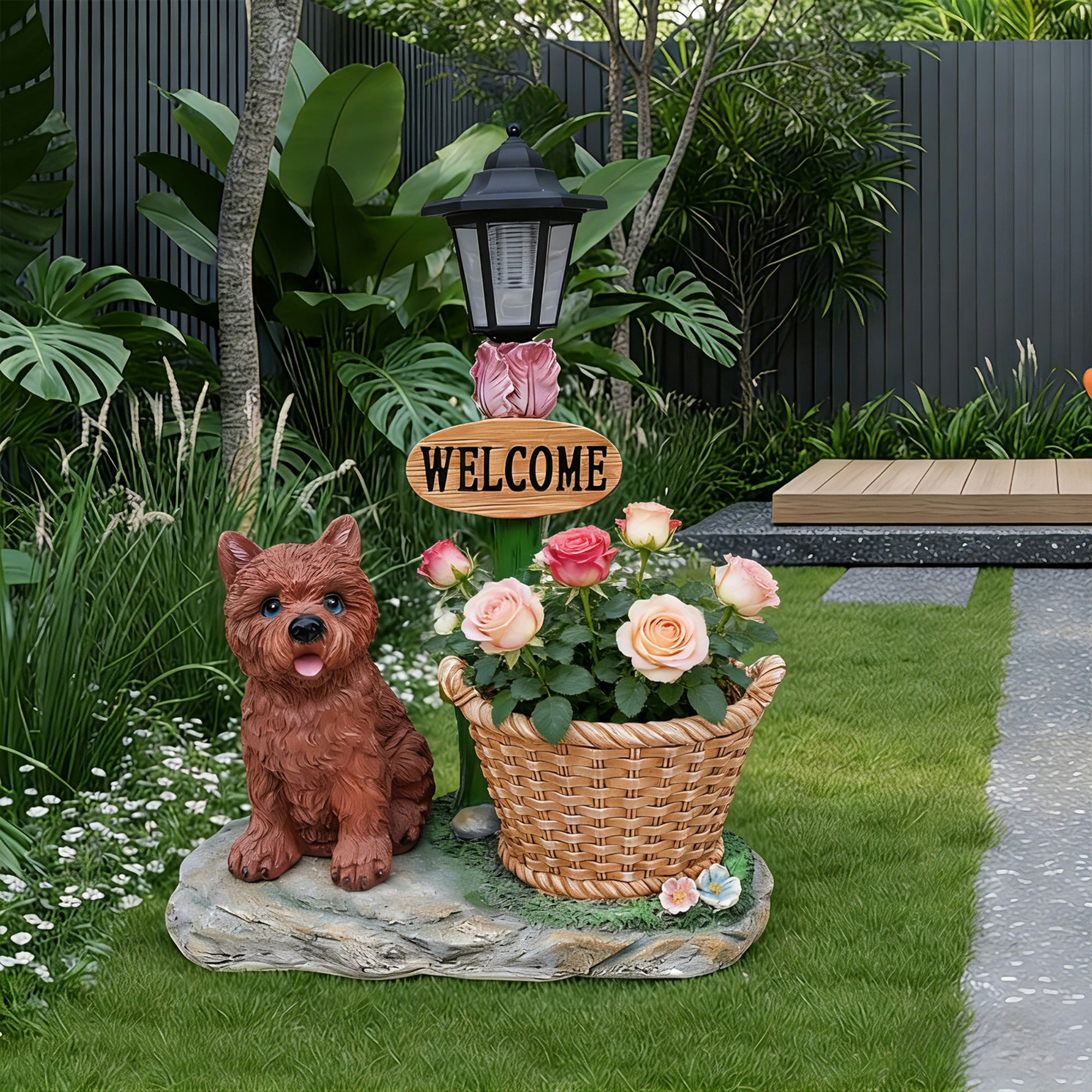 Sitting Puppy Solar Planter Statue, Brown Resin Garden Decor with LED Light for Yard Patio Balcony Outdoor