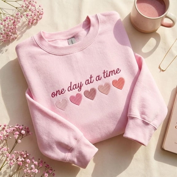 Embroidered One Day At A Time Sweatshirt, Mental Health Shirt, Positive Quote Crewneck, Self Care Gift for Her, Inspirational Hoodie